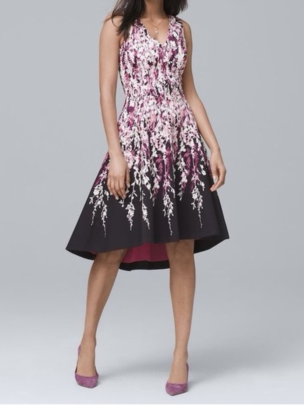 White House Black Market Purple, White & Black High-Low Floral Dress Size 8